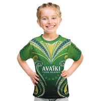 Custom Rugby Cook Islands Avaiki Kid T Shirt Green Kuki Airani Tribal Maori Inspired - Polynesian Pride