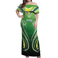 Custom Rugby Cook Islands Avaiki Off Shoulder Maxi Dress Green Kuki Airani Tribal Maori Inspired - Polynesian Pride