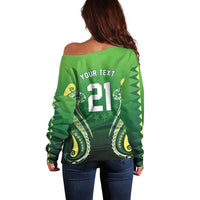 Custom Rugby Cook Islands Avaiki Off Shoulder Sweater Green Kuki Airani Tribal Maori Inspired - Polynesian Pride