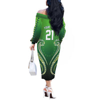 Custom Rugby Cook Islands Avaiki Off The Shoulder Long Sleeve Dress Green Kuki Airani Tribal Maori Inspired - Polynesian Pride