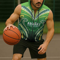 Custom Rugby Cook Islands Avaiki Sleeveless Zip Hoodie Green Kuki Airani Tribal Maori Inspired - Polynesian Pride