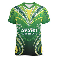Custom Rugby Cook Islands Avaiki Women V-Neck T-Shirt Green Kuki Airani Tribal Maori Inspired - Polynesian Pride