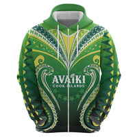 Custom Rugby Cook Islands Avaiki Zip Hoodie Green Kuki Airani Tribal Maori Inspired - Polynesian Pride