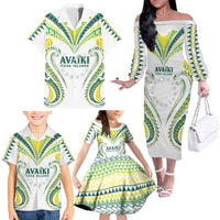 Custom Rugby Cook Islands Avaiki Family Matching Off The Shoulder Long Sleeve Dress and Hawaiian Shirt White Kuki Airani Tribal Maori Inspired - Polynesian Pride