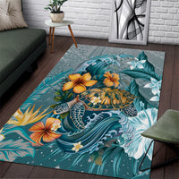 Sea Turtle In The Ocean Area Rug with Polynesian Pattern Arty Style