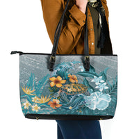 Sea Turtle In The Ocean Leather Tote Bag with Polynesian Pattern Arty Style LT9 - Polynesian Pride