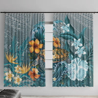Sea Turtle In The Ocean Window Curtain with Polynesian Pattern Arty Style LT9 With Hooks Blue - Polynesian Pride