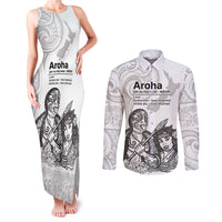 Aroha Maori Language Couples Matching Tank Maxi Dress and Long Sleeve Button Shirt Te Reo Maori Inspired Art LT9 white - Polynesian Pride