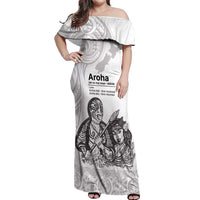 Aroha Maori Language Off Shoulder Maxi Dress Te Reo Maori Inspired Art LT9 Women white - Polynesian Pride