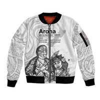 Aroha Maori Language Sleeve Zip Bomber Jacket Te Reo Maori Inspired Art LT9 Unisex white - Polynesian Pride