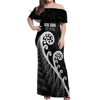 Kia Ora Maori Language Off Shoulder Maxi Dress Te Reo Maori Koru Fern Art LT9 Women Black - Polynesian Pride