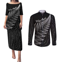 New Zealand Te Reo Mori Couples Matching Puletasi and Long Sleeve Button Shirt Simple Black Fern LT9 Black - Polynesian Pride
