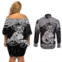 Te Reo Maori Tiki Inspired Art Couples Matching Off Shoulder Short Dress and Long Sleeve Button Shirt LT9 - Polynesian Pride