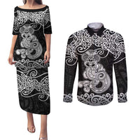 Te Reo Maori Tiki Inspired Art Couples Matching Puletasi and Long Sleeve Button Shirt LT9 Black - Polynesian Pride