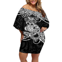 Te Reo Maori Tiki Inspired Art Off Shoulder Short Dress LT9 Women Black - Polynesian Pride