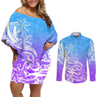 Polynesian Sunset Plumeria Couples Matching Off Shoulder Short Dress and Long Sleeve Button Shirts Pacific Island Tribal Blue Style LT9 Blue - Polynesian Pride