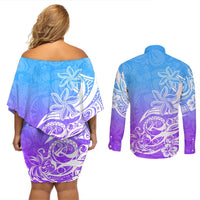 Polynesian Sunset Plumeria Couples Matching Off Shoulder Short Dress and Long Sleeve Button Shirts Pacific Island Tribal Blue Style LT9 - Polynesian Pride