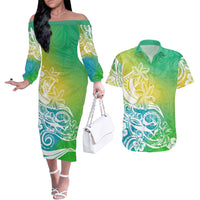 Polynesian Sunset Plumeria Couples Matching Off The Shoulder Long Sleeve Dress and Hawaiian Shirt Pacific Island Tribal Green Style LT9 Green - Polynesian Pride