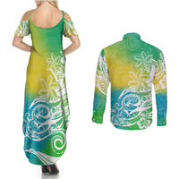 Polynesian Sunset Plumeria Couples Matching Summer Maxi Dress and Long Sleeve Button Shirts Pacific Island Tribal Green Style LT9 - Polynesian Pride