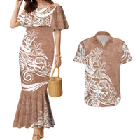 Polynesian Sunset Plumeria Couples Matching Mermaid Dress and Hawaiian Shirt Pacific Island Tribal Nude Style LT9 Nude - Polynesian Pride