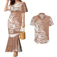 Polynesian Sunset Plumeria Couples Matching Mermaid Dress and Hawaiian Shirt Pacific Island Tribal Nude Style LT9 Nude - Polynesian Pride