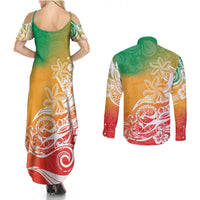 Polynesian Sunset Plumeria Couples Matching Summer Maxi Dress and Long Sleeve Button Shirts Pacific Island Tribal Reggae Style LT9 - Polynesian Pride