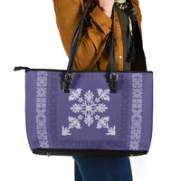 Hawaiian Quilt Block Design Leather Tote Bag Purple Hawaii Culture Motifs - Polynesian Pride