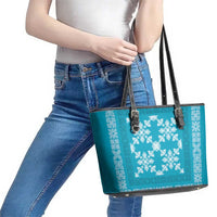 Hawaiian Quilt Pattern Leather Tote Bag Teal Hawaii Culture Tropical - Polynesian Pride