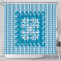 Blue Ulu Palaka Quilt Pattern Shower Curtain Hawaii Culture Breadfruit - Polynesian Pride