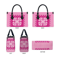 Pink Ulu Palaka Quilt Pattern Leather Bag Hawaii Culture Breadfruit - Polynesian Pride