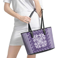 Purple Ulu Palaka Quilt Pattern Leather Tote Bag Hawaii Culture Breadfruit - Polynesian Pride