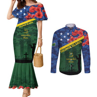 Personalised Solomon Islands Remembrance Day Couples Matching Mermaid Dress and Long Sleeve Button Shirt We Will Remember Them with Camouflage Style LT9 Green - Polynesian Pride