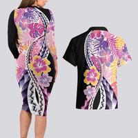 Aloha Vintage Hibiscus Lei Seamless Pattern Couples Matching Long Sleeve Bodycon Dress and Hawaiian Shirt - Polynesian Pride