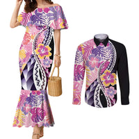 Aloha Vintage Hibiscus Lei Seamless Pattern Couples Matching Mermaid Dress and Long Sleeve Button Shirt LT9 Pink - Polynesian Pride