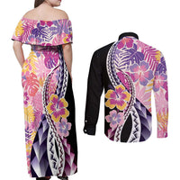 Aloha Vintage Hibiscus Lei Seamless Pattern Couples Matching Off Shoulder Maxi Dress and Long Sleeve Button Shirt LT9 - Polynesian Pride
