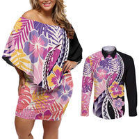 Aloha Vintage Hibiscus Lei Seamless Pattern Couples Matching Off Shoulder Short Dress and Long Sleeve Button Shirt LT9 Pink - Polynesian Pride