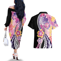 Aloha Vintage Hibiscus Lei Seamless Pattern Couples Matching Off The Shoulder Long Sleeve Dress and Hawaiian Shirt - Polynesian Pride