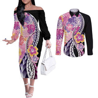 Aloha Vintage Hibiscus Lei Seamless Pattern Couples Matching Off The Shoulder Long Sleeve Dress and Long Sleeve Button Shirt LT9 Pink - Polynesian Pride
