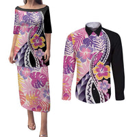 Aloha Vintage Hibiscus Lei Seamless Pattern Couples Matching Puletasi and Long Sleeve Button Shirt LT9 Pink - Polynesian Pride