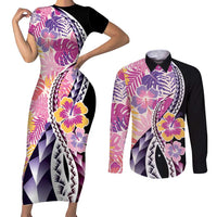 Aloha Vintage Hibiscus Lei Seamless Pattern Couples Matching Short Sleeve Bodycon Dress and Long Sleeve Button Shirt LT9 Pink - Polynesian Pride