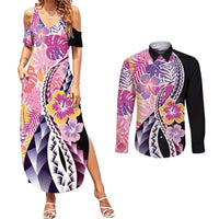 Aloha Vintage Hibiscus Lei Seamless Pattern Couples Matching Summer Maxi Dress and Long Sleeve Button Shirt LT9 Pink - Polynesian Pride