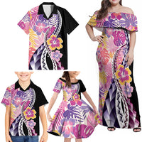 Aloha Vintage Hibiscus Lei Seamless Pattern Family Matching Off Shoulder Maxi Dress and Hawaiian Shirt - Polynesian Pride