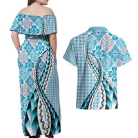 Aloha Vintage Palaka Floral Hawaiian Quilt Couples Matching Off Shoulder Maxi Dress and Hawaiian Shirt Uliuli Motif - Polynesian Pride