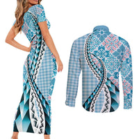 Aloha Vintage Palaka Floral Hawaiian Quilt Couples Matching Short Sleeve Bodycon Dress and Long Sleeve Button Shirt Uliuli Motif - Polynesian Pride