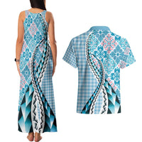 Aloha Vintage Palaka Floral Hawaiian Quilt Couples Matching Tank Maxi Dress and Hawaiian Shirt Uliuli Motif - Polynesian Pride