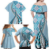 Aloha Vintage Palaka Floral Hawaiian Quilt Family Matching Off Shoulder Maxi Dress and Hawaiian Shirt Uliuli Motif - Polynesian Pride