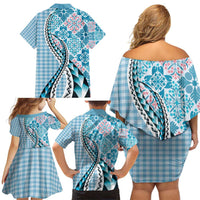 Aloha Vintage Palaka Floral Hawaiian Quilt Family Matching Off Shoulder Short Dress and Hawaiian Shirt Uliuli Motif - Polynesian Pride