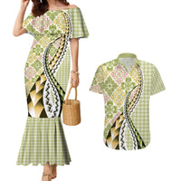 Aloha Vintage Palaka Floral Hawaiian Quilt Couples Matching Mermaid Dress and Hawaiian Shirt Omaomao Motif - Polynesian Pride