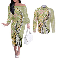 Aloha Vintage Palaka Floral Hawaiian Quilt Couples Matching Off The Shoulder Long Sleeve Dress and Long Sleeve Button Shirt Omaomao Motif - Polynesian Pride