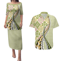 Aloha Vintage Palaka Floral Hawaiian Quilt Couples Matching Puletasi and Hawaiian Shirt Omaomao Motif - Polynesian Pride